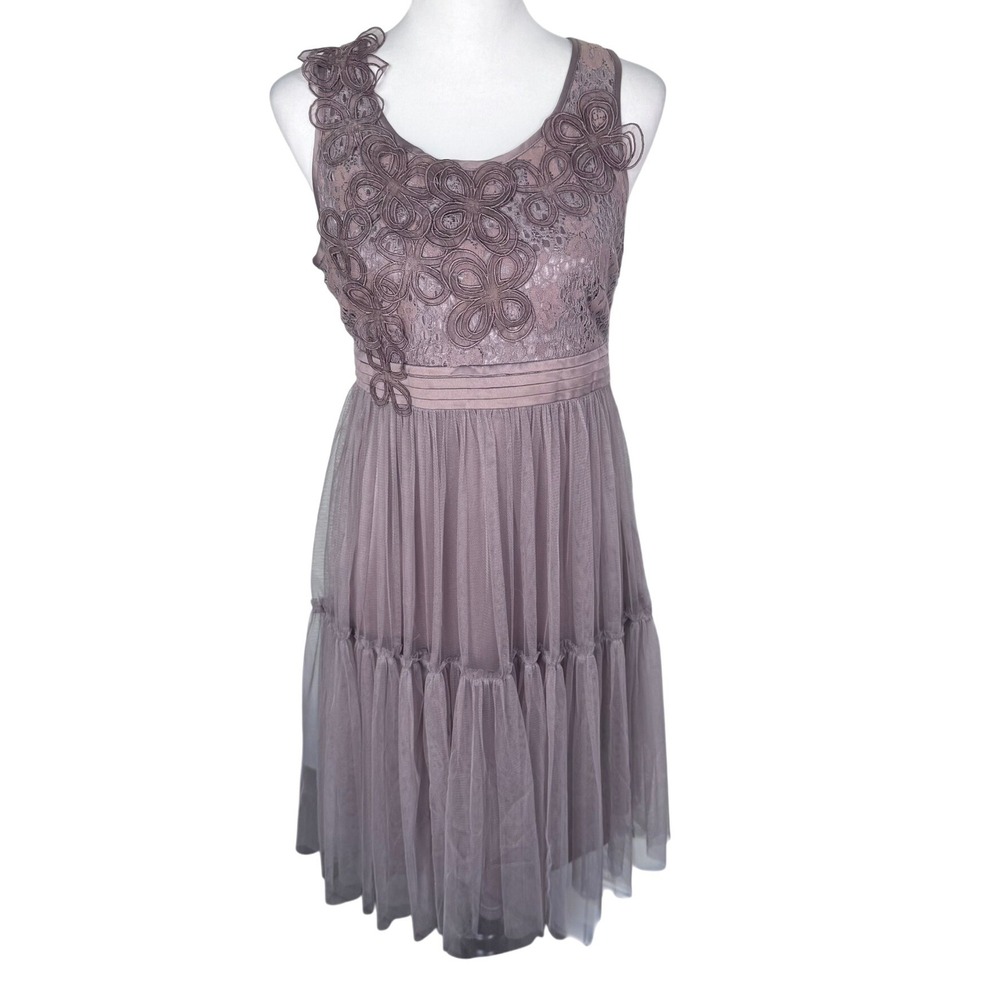 ANTHROPOLOGIE RYU NWT Women Medium Taupe Lace Tulle Floral Tiered Cocktail Dress